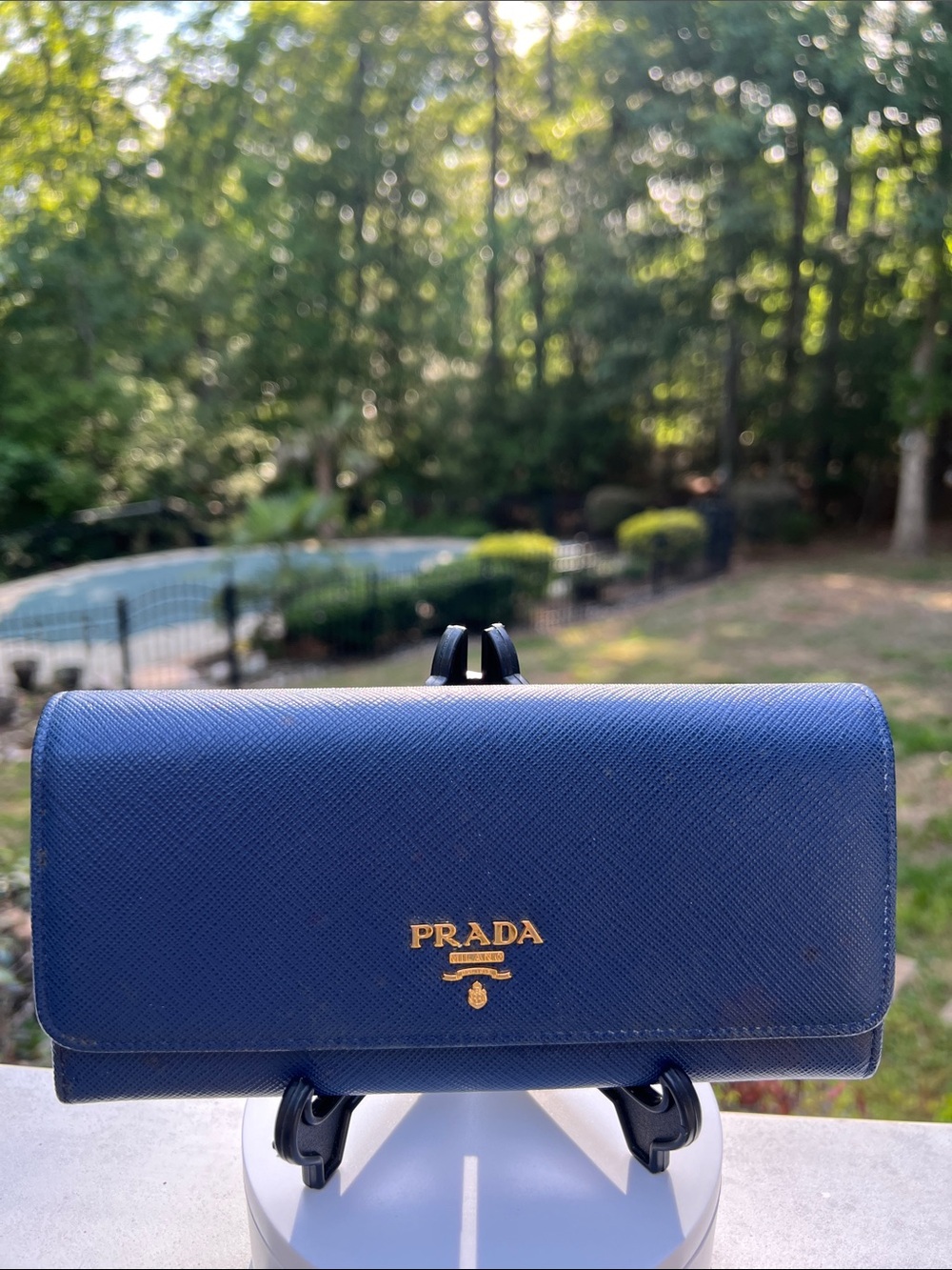 Prada Navy Saffiano Leather Trifold Wallet with Gold Logo